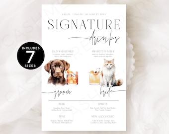 Drink Menu for Wedding Dogs, Signature Drinks Sign with Cat, Custom Open Bar Menu Signage with Editable Dogs and Cats Free Photo Templett