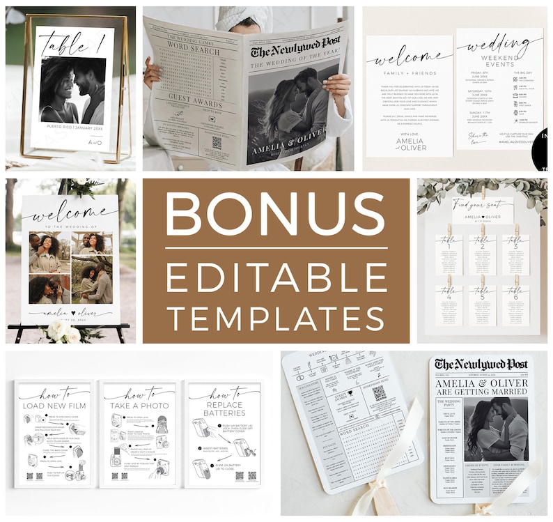 Modern Minimalist Wedding Signs Bundle, 80+ Reception Table Signs Set, Welcome, Drinks, Newspaper Editable Templates, DIY Printable Download