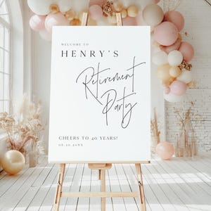 Puede incluir: Un letrero blanco sobre un caballete de madera con el texto "WELCOME TO HENRY'S Retirement Party" en escritura negra. El letrero tambi&eacute;n dice "CHEERS TO 40 YEARS!" y una fecha. El fondo incluye globos y elementos decorativos.