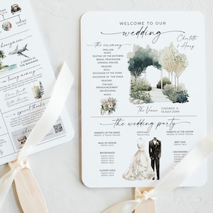 Personalisierte Fächerhochzeitsvorlage, Infografik-Hochzeitsprogrammfächer, bearbeitbare Zeremonie-Zeitleiste druckbare Karten für Gäste, Canva Download