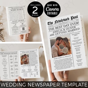 May include: A printable wedding newspaper template with a black and white design. The template includes a word search, guest awards, wedding details, and a love story section. The template is editable and can be customized with your own photos and text.