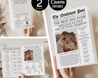 Plantilla de periódico para itinerario de boda / Programa infográfico editable en Canva, plantilla de invitación plegable / imprimible, cronograma de ceremonia, plantillas fotográficas