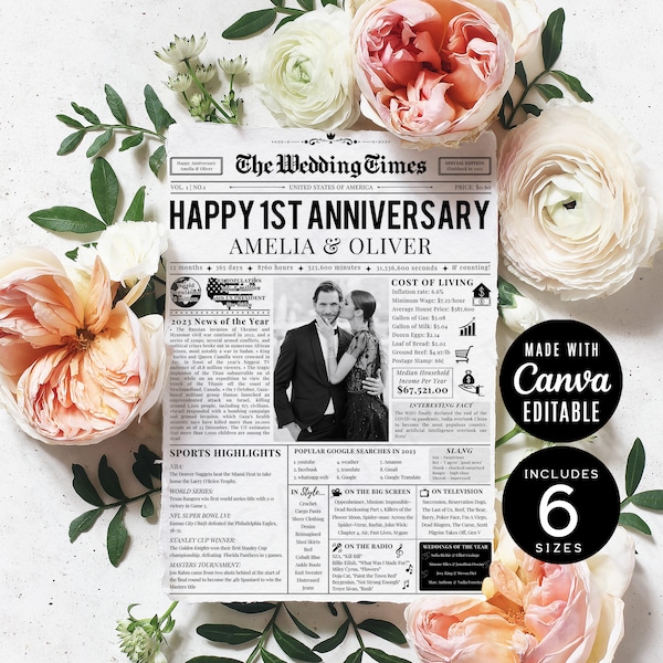 Couples 1st Year Anniversary Newspaper Poster, First Year Wedding Tabloid Sign Printable Gift for Husband and Wife, Anniversary Decor Canva