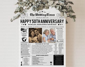 50th Anniversary Newspaper Gift, Golden Wedding Poster Signage Template (Digital Download)
