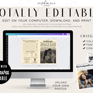 May include: A computer screen displaying a Canva template for a wedding announcement. The template is designed to look like a vintage newspaper with the headline "Amelia & Oliver Are Getting Married." The text "Change All" is visible on the right side of the screen, with checkmarks next to the words "Colors," "Fonts," and "Content." The text "Upload Your Own Photos" is visible below the screen.