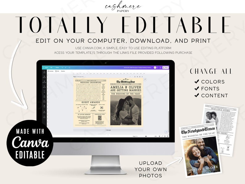 May include: A computer screen displaying a Canva template for a wedding announcement. The template is designed to look like a vintage newspaper with the headline "Amelia & Oliver Are Getting Married." The text "Change All" is visible on the right side of the screen, with checkmarks next to the words "Colors," "Fonts," and "Content." The text "Upload Your Own Photos" is visible below the screen.