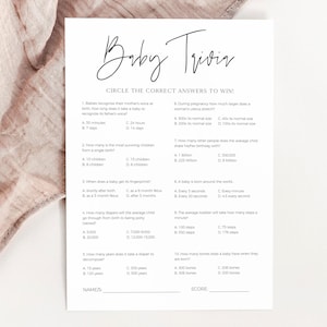 Baby Shower Trivia Game Downloadable, Editable Template Baby Trivias Game with Answers, Modern Minimalist Fun Baby Activity Printable CANVA