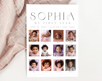 Puede incluir: Una impresión blanca con el nombre "SOPHIA" y el texto "MY FIRST YEAR". Incluye doce fotos pequeñas de un bebé, con los meses etiquetados debajo de cada foto. La fecha y la hora también están impresas en la parte superior.