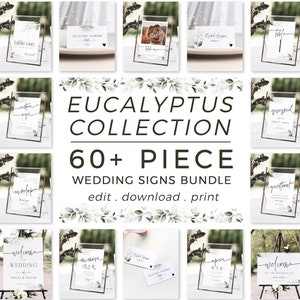Eucalyptus Wedding Sign Bundle, 60+ Custom Greenery Reception Signs Bundle, Minimalist Wedding Bundle Template, Elegant Weddıng Sign Bundle