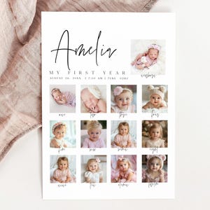 First Birthday Photo Sign, 1st Birthday Poster Printable, Baby Milestone Keepsake Photo Prop, Modern One Year Old Stats Board CANVA Template