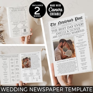 Peut inclure: Un modèle de journal de mariage imprimable avec un design noir et blanc. Le modèle comprend une recherche de mots, des récompenses pour les invités, des détails sur le mariage et une section sur l'histoire d'amour. Le modèle est modifiable et peut être personnalisé avec vos propres photos et textes.