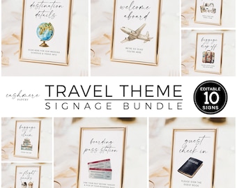 Travel Theme Sign Bundle, Welcome Aboard Destination Travel Signs Templates, Modern Minimalist Reception Table Signage Canva DIY Download