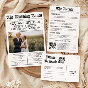 Krant bruiloft uitnodiging print, bewerkbare details uitnodigingskaart en QR-code sjablonen voor RSVP, aangepaste foto tabloid nodigt uit, canva DIY downloaden