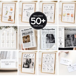 Wedding Signage Package, Modern Reception Signs Decor Bundle, Editable Welcome Sign Photos Guestbook Newspaper Programs Template DIY Prints