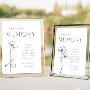 May include: Two framed memorial signs with the text "In Loving Memory". The signs have a minimalist design with a floral illustration and the words "Honoring those we hold in our hearts deeply missed on this special day. We wish you were here."