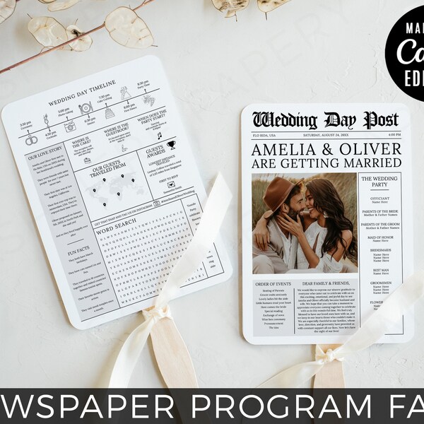 Newspaper Wedding Program Fan with Timeline | Canva Editable Ceremony with Photo Templates | Printable Infographic Invitation 5x7