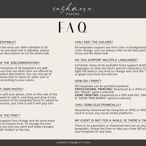 May include: A frequently asked questions (FAQ) page for printable templates. The page includes questions about editing text, changing the size and orientation, adding photos, changing fonts, editing colors, supporting multiple languages, printing, sending electronically, and time limits.