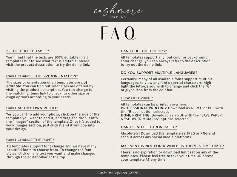 May include: A frequently asked questions (FAQ) page for printable templates. The page includes questions about editing text, changing the size and orientation, adding photos, changing fonts, editing colors, supporting multiple languages, printing, sending electronically, and time limits.