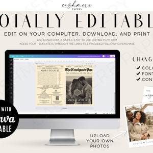K&ouml;nnte beinhalten: Ein digitales Mockup einer Hochzeitseinladungsvorlage mit einem Vintage-Zeitungsdesign. Die Vorlage enth&auml;lt ein Wortsuchr&auml;tsel, G&auml;stepreise und ein Foto eines Paares. Der Text "The Newlywed Post" und "The Wedding of the Year!" ist auf der Vorlage zu sehen. Der Text "Change All" ist mit H&auml;kchen neben den W&ouml;rtern "Colors", "Fonts" und "Content" zu sehen. Der Text "Upload Your Own Photos" ist unter der Vorlage zu sehen. Der Text "Made with Canva Editable" ist in einem Kreis auf der linken Seite des Bildes zu sehen.