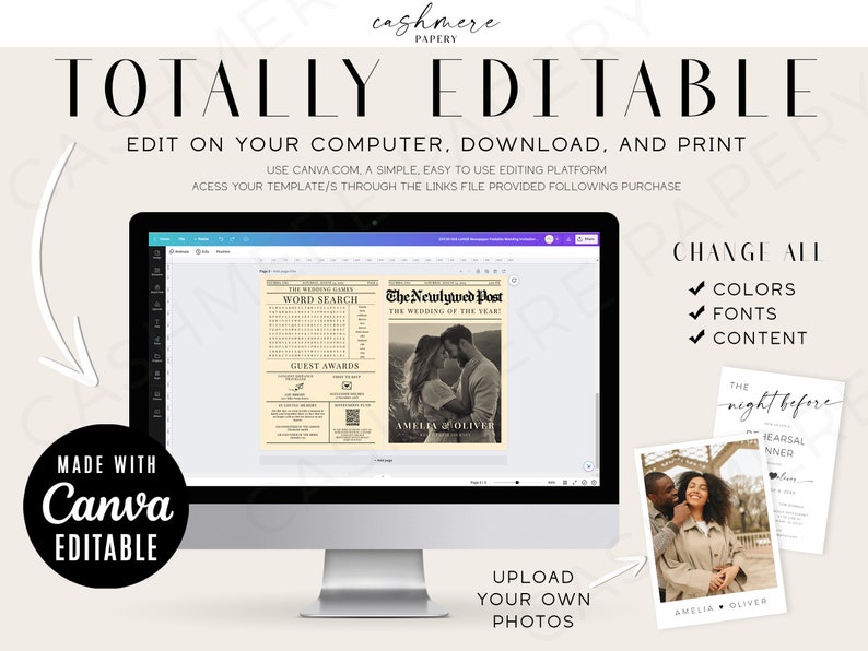 K&ouml;nnte beinhalten: Ein digitales Mockup einer Hochzeitseinladungsvorlage mit einem Vintage-Zeitungsdesign. Die Vorlage enth&auml;lt ein Wortsuchr&auml;tsel, G&auml;stepreise und ein Foto eines Paares. Der Text "The Newlywed Post" und "The Wedding of the Year!" ist auf der Vorlage zu sehen. Der Text "Change All" ist mit H&auml;kchen neben den W&ouml;rtern "Colors", "Fonts" und "Content" zu sehen. Der Text "Upload Your Own Photos" ist unter der Vorlage zu sehen. Der Text "Made with Canva Editable" ist in einem Kreis auf der linken Seite des Bildes zu sehen.