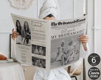 Newspaper Bridesmaid Proposal Bouquet Wrap, Editable Will You Be My Bridesmaid Newspaper Flower Wrap DIY Gift Canva Bridesmaid Proposal Page