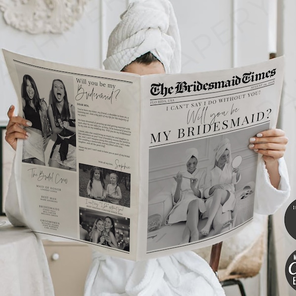 Newspaper Bridesmaid Proposal Bouquet Wrap, Editable Will You Be My Bridesmaid Newspaper Flower Wrap DIY Gift Canva Bridesmaid Proposal Page