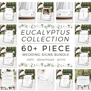 Eucalyptus Wedding Sign Bundle, 60+ Custom Greenery Reception Signs Bundle, Minimalist Wedding Bundle Template, Elegant Weddıng Sign Bundle