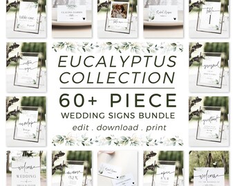 Eucalyptus Wedding Sign Bundle, 60+ Custom Greenery Reception Signs Bundle, Minimalist Wedding Bundle Template, Elegant Weddıng Sign Bundle