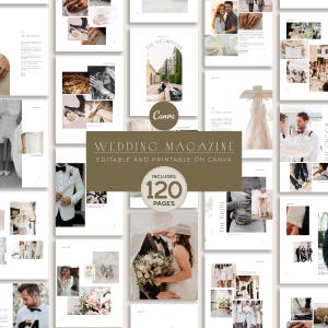 Pu&ograve; includere: Un modello di rivista di matrimonio con 120 pagine, con immagini di una sposa e uno sposo, anelli di nozze e decorazioni per matrimoni. La rivista &egrave; modificabile e stampabile su Canva.