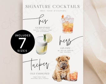 Signature Wedding Drink Sign After Pet, His and Hers Modern Minimalist Drinks Signs with Dog Template, Bar Menu Editable Pet Cocktails SPM09