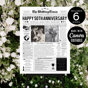 50th Wedding Anniversary Newspaper Template, Married 1974 50 Years of Marriage Parents Gift, Editable 50th Wedding Infographic Tabloid CANVA