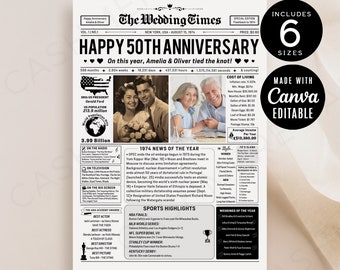 Periódico de regalo para el 50.º aniversario, plantilla de póster para regalo de aniversario para padres, regalo para mamá y papá en la fiesta de bodas de oro, CANVA DIY