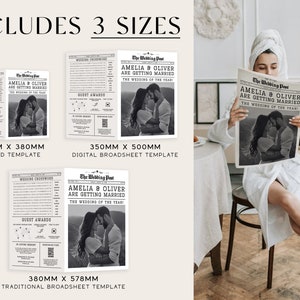 May include: Three different sizes of printable wedding announcement templates in a newspaper style. The templates feature a black and white photo of a couple and the text "Amelia & Oliver are getting married. The wedding of the year!"