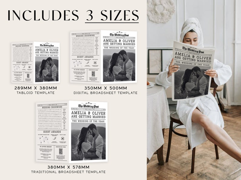 May include: Three different sizes of printable wedding announcement templates in a newspaper style. The templates feature a black and white photo of a couple and the text "Amelia & Oliver are getting married. The wedding of the year!"