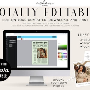 K&ouml;nnte beinhalten: Ein Computerbildschirm zeigt eine Canva-Vorlage f&uuml;r eine Hochzeitsanzeige. Die Vorlage ist ein Mock-up eines Zeitungsartikels mit der &Uuml;berschrift "The Newlywed Post" und dem Text "Amelia & Oliver are getting married". Das Bild zeigt auch eine Farbpalette und eine Option zum Hochladen von Fotos. Der Text "CHANGE ALL" wird mit H&auml;kchen neben den W&ouml;rtern "COLORS", "FONTS" und "CONTENT" angezeigt.
