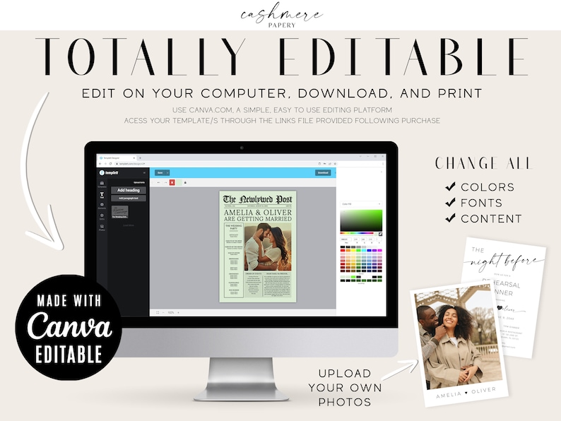 K&ouml;nnte beinhalten: Ein Computerbildschirm zeigt eine Canva-Vorlage f&uuml;r eine Hochzeitsanzeige. Die Vorlage ist ein Mock-up eines Zeitungsartikels mit der &Uuml;berschrift "The Newlywed Post" und dem Text "Amelia & Oliver are getting married". Das Bild zeigt auch eine Farbpalette und eine Option zum Hochladen von Fotos. Der Text "CHANGE ALL" wird mit H&auml;kchen neben den W&ouml;rtern "COLORS", "FONTS" und "CONTENT" angezeigt.