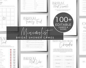 May include: A collection of white paper sheets featuring black text for bridal shower games, including Bridal Word Scramble, Bridal Family Fend, Bridal Mad Libs, and Bridal Shower Charades, with a central overlay stating 100+ Editable Games & Signs.