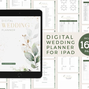 Può includere: Un planner di nozze digitale per iPad con un design floreale ad acquerello. Il planner include oltre 160 pagine ed è visualizzato su un tablet.
