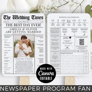 Wedding Newspaper Fan, Newspaper Wedding Program Fan With Timeline, Wedding Newspaper Fan Template,Newspaper Program Fan For Wedding