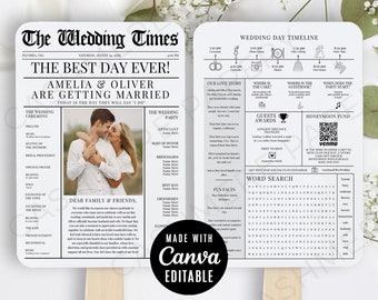 Wedding Newspaper Fan, Newspaper Wedding Program Fan With Timeline, Wedding Newspaper Fan Template,Newspaper Program Fan For Wedding