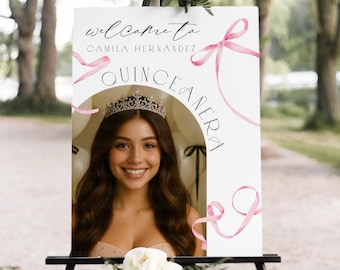 Quinceañera Welcome Sign With Photo, Pink Bow Quince Welcome Sign, Pink Coquette Sweet 15 Poster, Editable Welcome Board CANVA Template