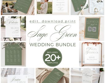 Sage Green Wedding Invitation Template Set, Custom Photo Cards and Evite, Welcome and Seating Large Signs, Editable Canva Digital Downloads