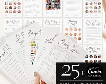 Editable Baby Shower Games Bundle, Custom 25+ Minimalist Activity Sheets with Answer Keys, Photo Games Shower Ideas, Canva Digital Download