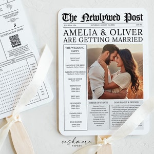 Newspaper Wedding Fan | Editable Program Canva Template 5x7 | The Newlywed Post Ceremony Timeline with Photo Printable Digital Download
