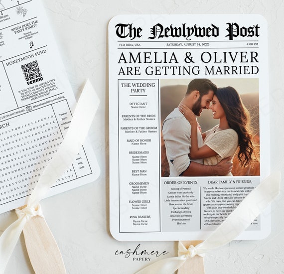 Newspaper Wedding Fan | Editable Program Canva Template 5x7 | The Newlywed Post Ceremony Timeline with Photo Printable Digital Download