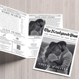 K&ouml;nnte beinhalten: Eine schwarz-wei&szlig;e Hochzeitsanzeige im Zeitungs-Stil f&uuml;r Amelia und Oliver. Die Schlagzeile lautet "The Newlywed Post: Die Hochzeit des Jahres!" mit einem Foto des Paares, das sich umarmt. Der Text "Amelia & Oliver Began Their Journey" ist unter dem Foto gedruckt.