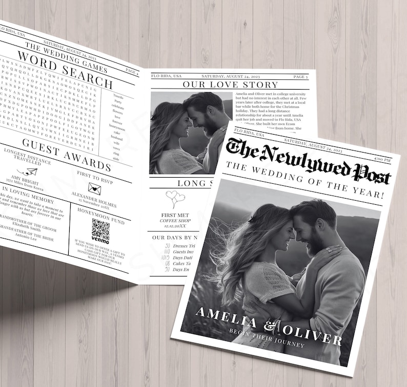 K&ouml;nnte beinhalten: Eine schwarz-wei&szlig;e Hochzeitsanzeige im Zeitungs-Stil f&uuml;r Amelia und Oliver. Die Schlagzeile lautet "The Newlywed Post: Die Hochzeit des Jahres!" mit einem Foto des Paares, das sich umarmt. Der Text "Amelia & Oliver Began Their Journey" ist unter dem Foto gedruckt.