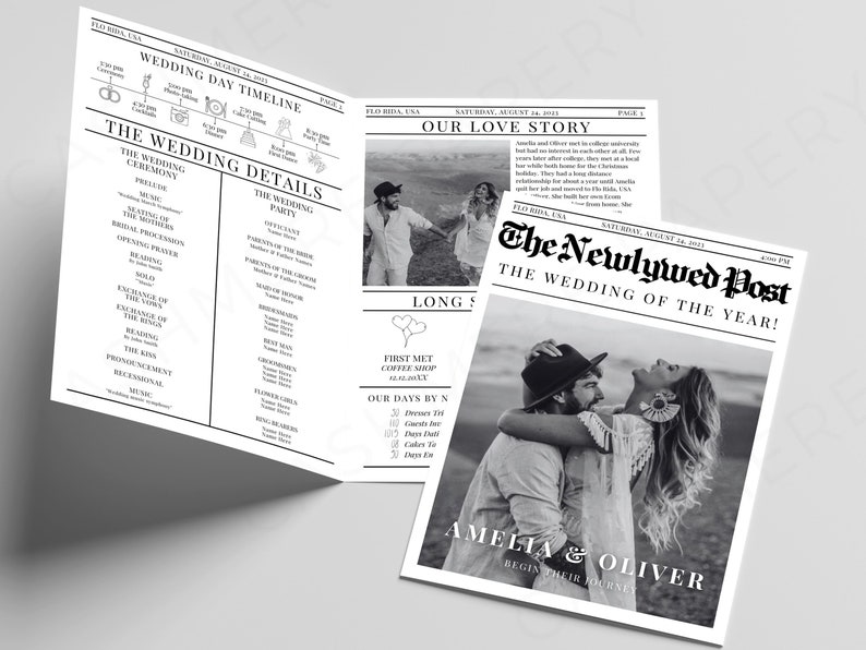 Wedding Newspaper Canva Edit, Folded Large News Paper Program Template, Infographic Photo Invitation DIY Printable Instant Digital Download image 6