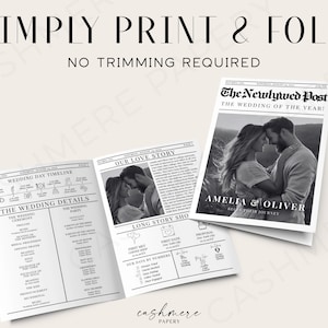 K&ouml;nnte beinhalten: Schwarz-wei&szlig; druckbare Hochzeits-Programmvorlage im Zeitungsdesign. Die Titelseite zeigt ein Foto eines Paares und den Text "The Newlywed Post" und "Amelia & Oliver Begin Their Journey". Die Innenseiten enthalten einen Zeitplan f&uuml;r den Hochzeitstag, Hochzeitsdetails und eine Liebesgeschichte.