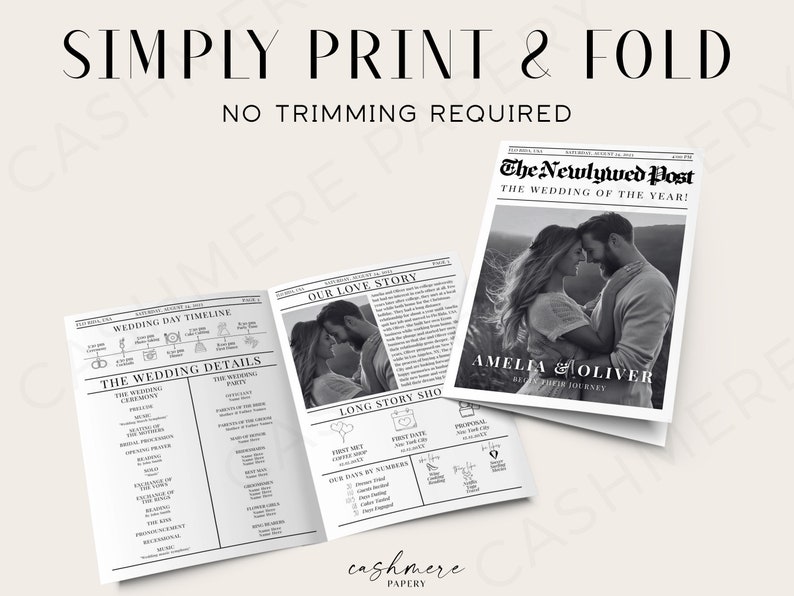 K&ouml;nnte beinhalten: Schwarz-wei&szlig; druckbare Hochzeits-Programmvorlage im Zeitungsdesign. Die Titelseite zeigt ein Foto eines Paares und den Text "The Newlywed Post" und "Amelia & Oliver Begin Their Journey". Die Innenseiten enthalten einen Zeitplan f&uuml;r den Hochzeitstag, Hochzeitsdetails und eine Liebesgeschichte.